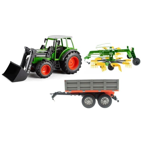 efaso Double E E356-003 RC Traktor mit Schaufel 2,4GHz 1:16 RC + Heuwender S052-003 + Kippanhänger S053-003