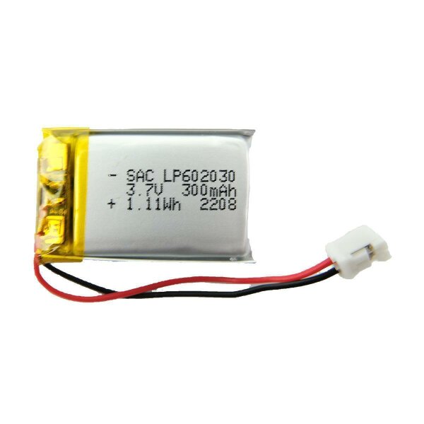 602030 3,7Volt Akku 300 mAh LIPO L 30 mm B 20 mm T  6 mm JST PH2.0 Stecker Schutzplatine