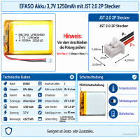 603450 3.7V 1250 mAh, PCM, JST PH2.0-2P