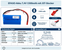 Akku 7,4V / 1500 mAh / Li-Po / mit JST-2P Stecker kompatibel mit WLToys V913, L959 70x34x18 mm 183470